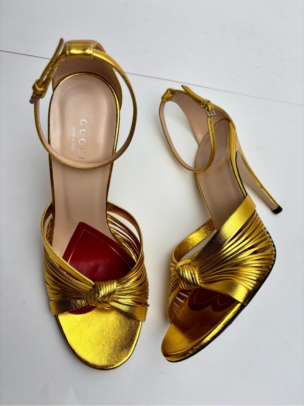 Gucci Crawford Knot Metallic Gold Heels Sandals Leather Ankle Strap Stiletto
